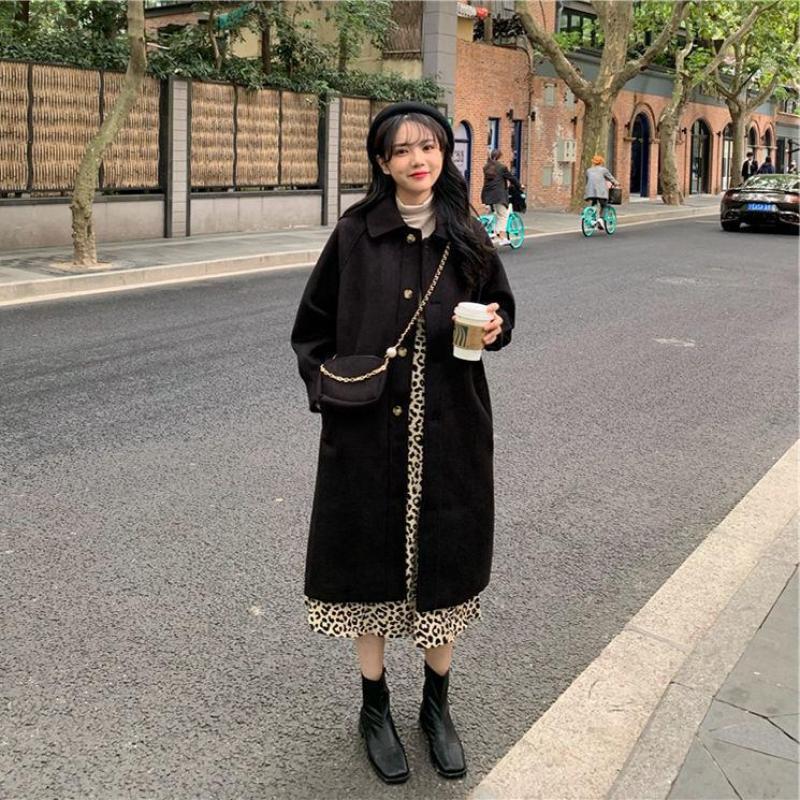 

Черная шерстяная куртка женская одежда 2023 осень и зима новая корейская нежная женская стильная модная повседневная ветровка средней длины M чёрный