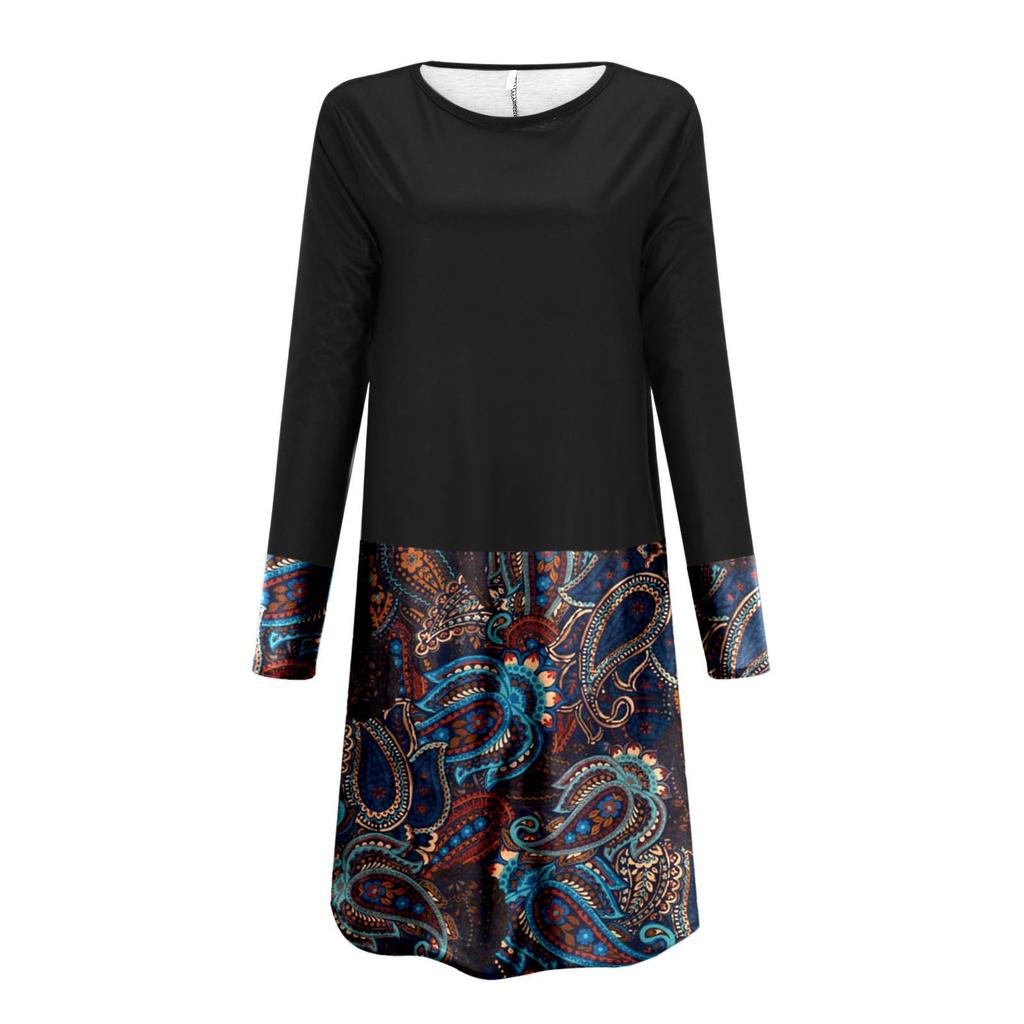 Women's Fashion Casual Printed Round Neck Pullover Loose Long Sleeve Dress