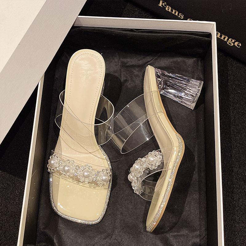Transparent sandals high heels summer 2025 new high-end fashion versatile crystal thick heel wear sandals women's shoes
