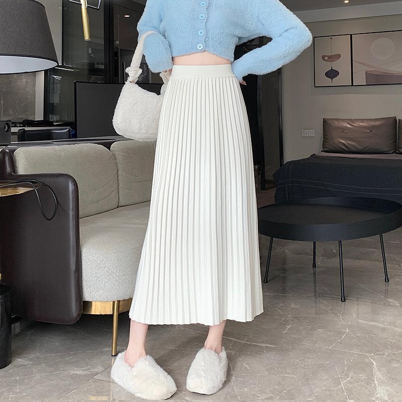 Knitted Pleated Skirt for Women Mid Length High Waisted and Slimming A-line Skirt