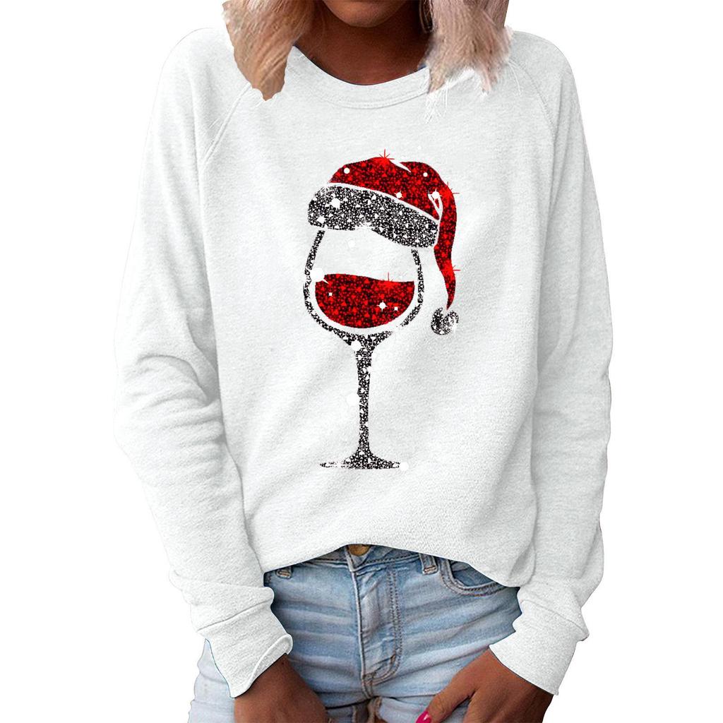 Women's Christmas Hoodie - Red Wine Glass Pattern, Round Neck, Long Sleeve