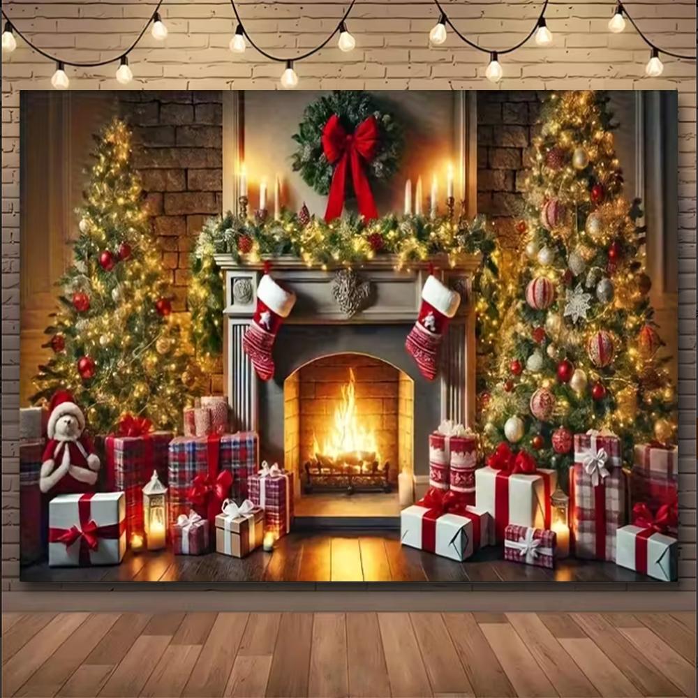 Christmas Winter Background Vintage fireplace Party Decoration Children's Photo Studio Supplies Xmas Tree Lanterns Snowy Scenery