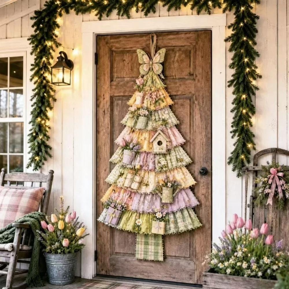 Vintage Patchwork Christmas Tree Door Hanging Handmade Hand-Sewn Oversized Fabric Christmas Tree Cozy Soft Plaid Print