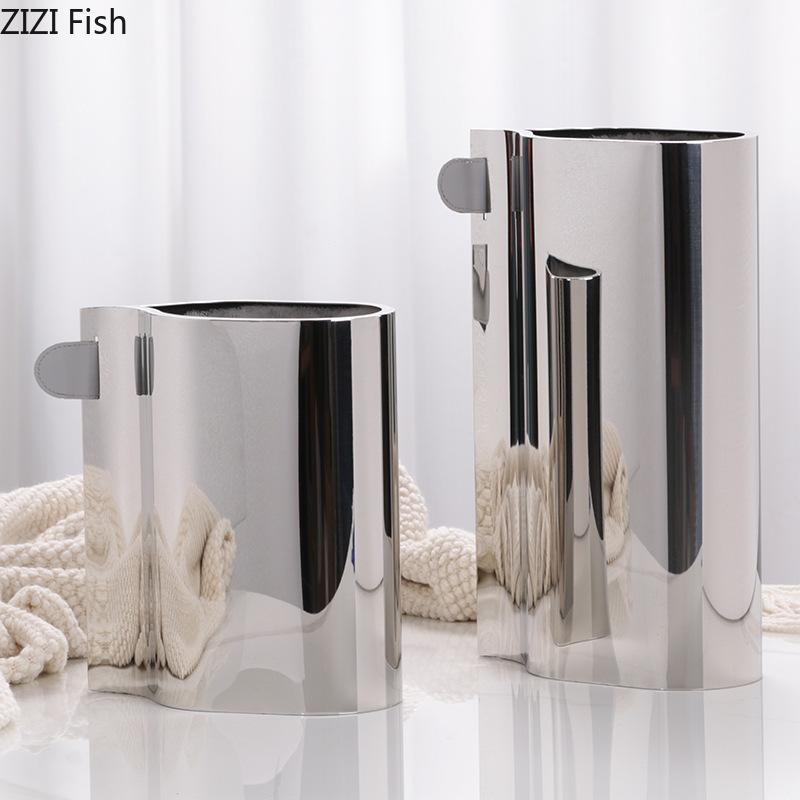 Creative Silver Metal Vase Leather Decorative Flower Pot Desk Decoration Flower Arrangement  Floral Vases Room Aesthetic Decor