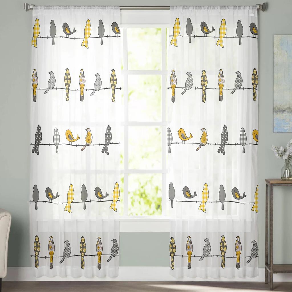 Bird Plaid Flower Yellow Orange Sheer Curtains For Living Room Bedroom Home Decor Kitchen Tulle For Windows Voile Drapes
