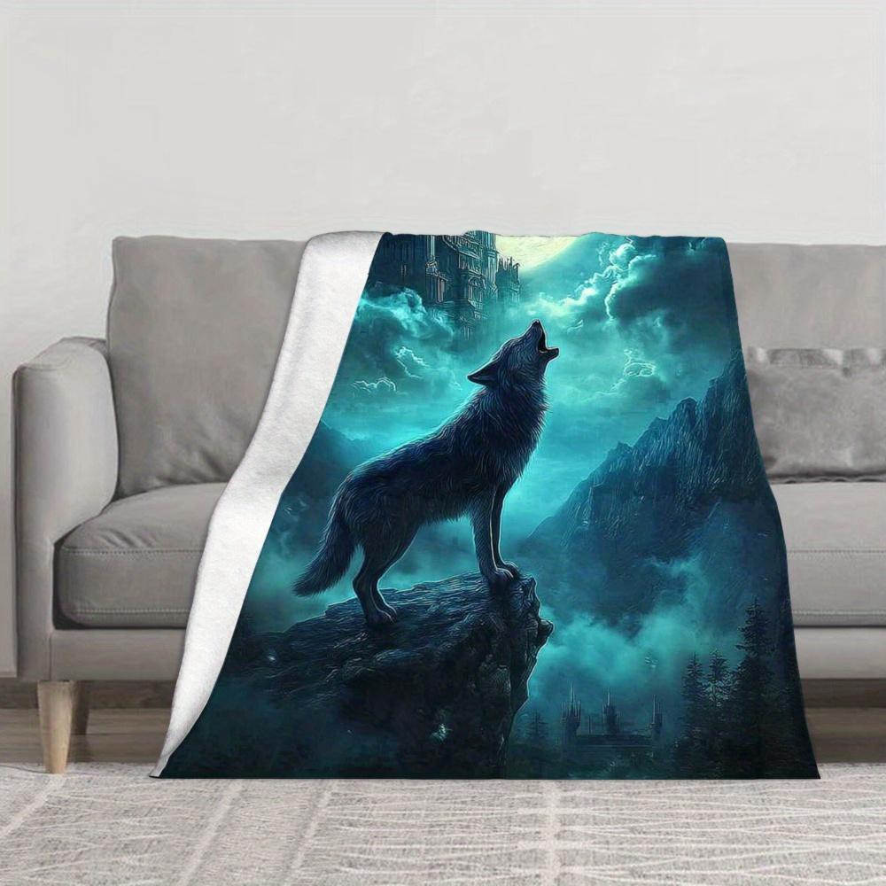 Wolf Howling At Moon Castle Fantasy Art Fleece Blanket Night Sky Mountains Mythical Scene Decor Gift For Nature Lovers Home