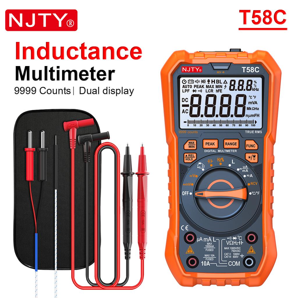 NJTY T58B T58C Inductance Digital Multimeter AUTO Range 9999 Counts Voltage Current Capacitance LED Smart Backlit Large Screen