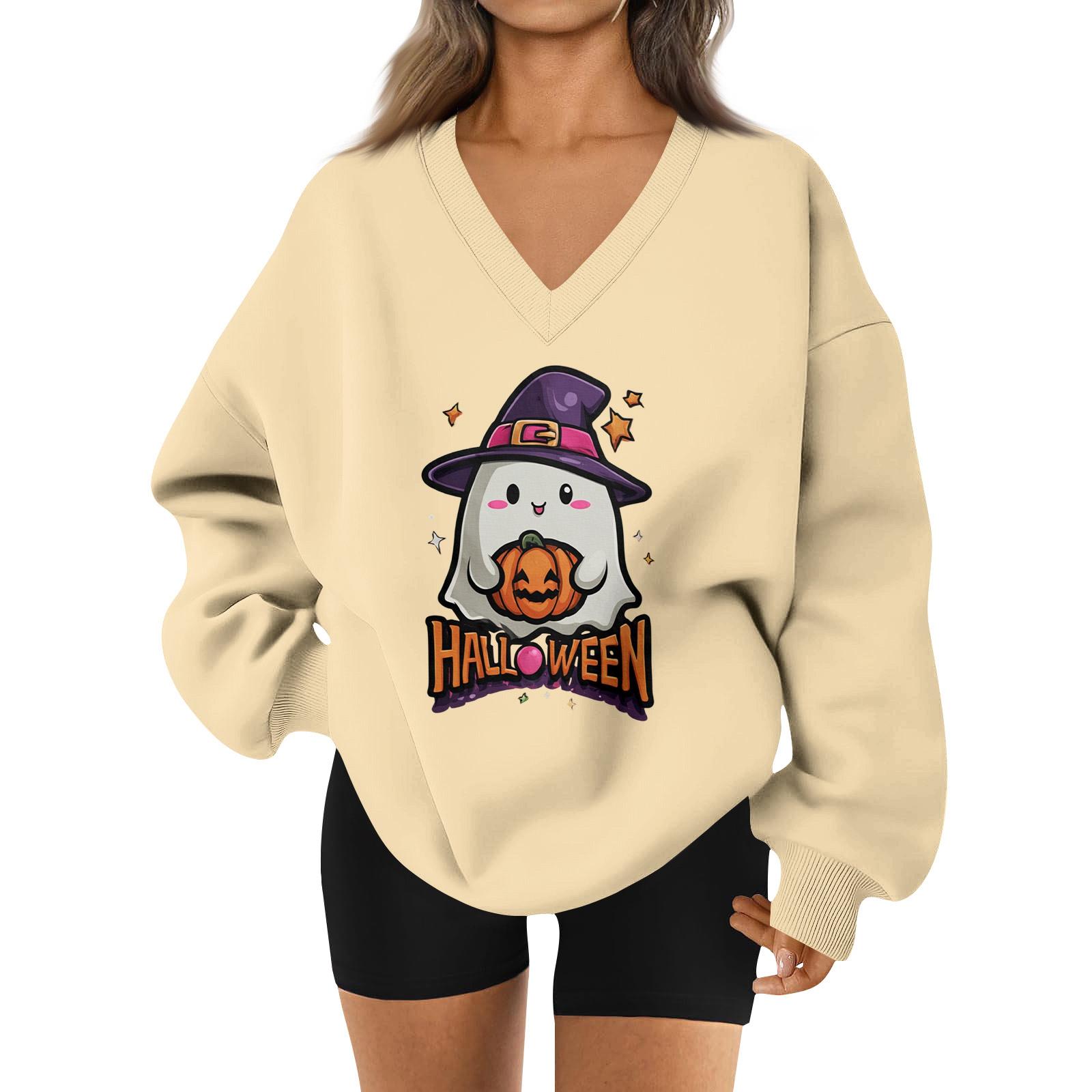 

Women s V-neck Dropped Shoulder Halloween Print Sports Sweatshirt Top L