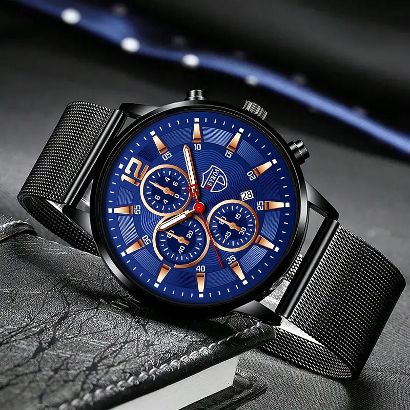 3pcs/set, 1pc Men's Fashion Casual Stainless Steel Mesh Band Quartz Watch & 1pc Bracelet & 1pc Necklace with