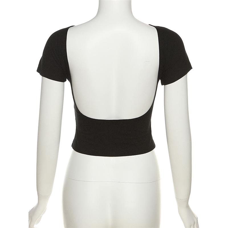 Women's O-neck Backless T-shirt Short Sleeve Solid Color Crop Top Summer Cute Baby Tee Y2k Clothes Bodycon Tunics Fashion Tank