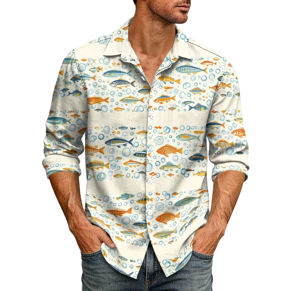 Men's Loose Fit Long Sleeve Shirt Hawaiian Style Button Down Collar Casual Vintage Shirt Suitable for Spring and Autumn Wear