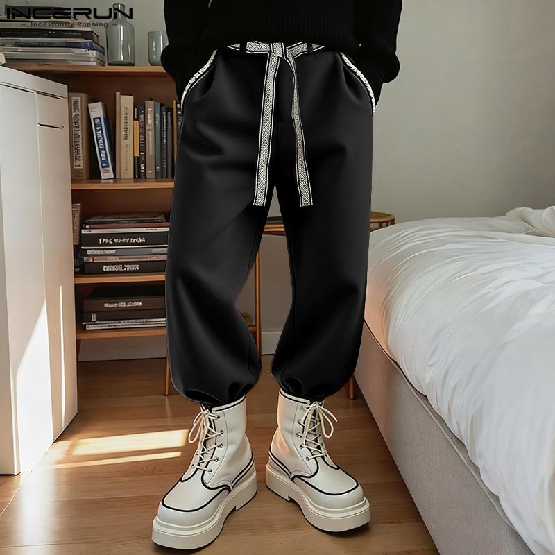 INCERUN Men Autumn Embroidery Belt Zip-up Waist Stitching Long Harem Pants Trousers
