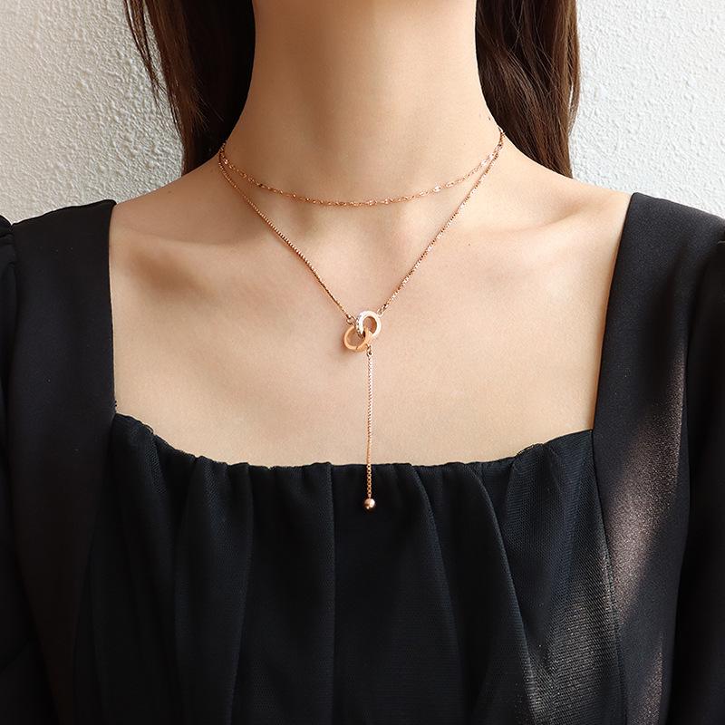 European & American CZ Double Layer Stackable Clavicle Necklace for Women - Lips, Fish Mouth, Roman Double Ring Tassel in Titanium Steel (P956)
