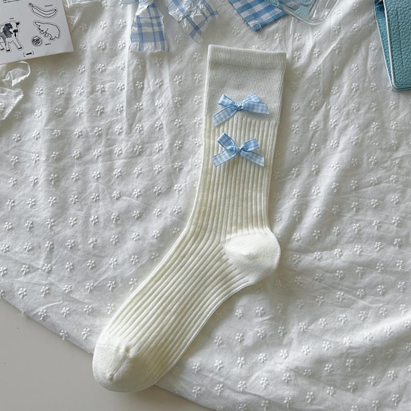 Ballet Style Solid Color Bow Mid Tube Socks Summer Cotton Lightweight Breathable Fashionable Soft Comfortable Casual Women Socks