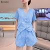 Women Short Sleeve Blouse and Shorts Summer Plaid Print Two Piece Sets