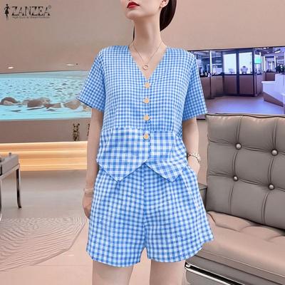 Women Short Sleeve Blouse and Shorts Summer Plaid Print Two Piece Sets