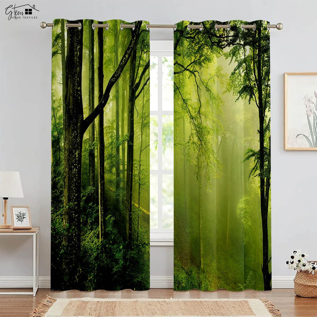Nature Forest Scenery 3D Printing Curtains Green Pastoral Sunshine Natural Aerobic B&B Hotel Bedroom Living Room Curtains 2PCS