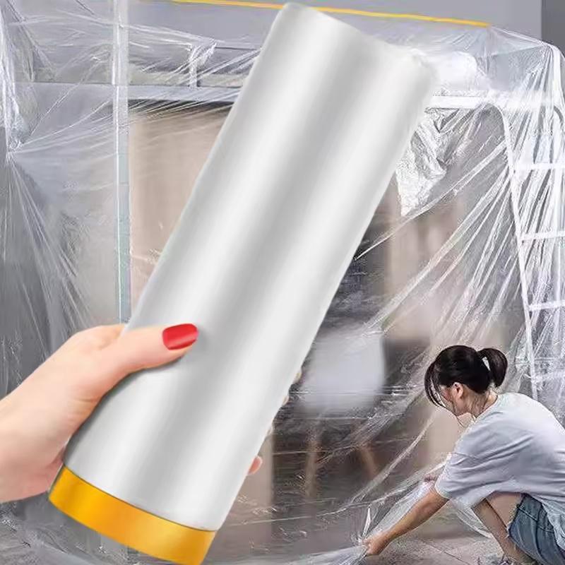 1roll Taped Masking Film Plastic Painting Drop Cloth Furniture Floors Appliance Protection Waterproof Anti-Dust Pre-Taped Cover