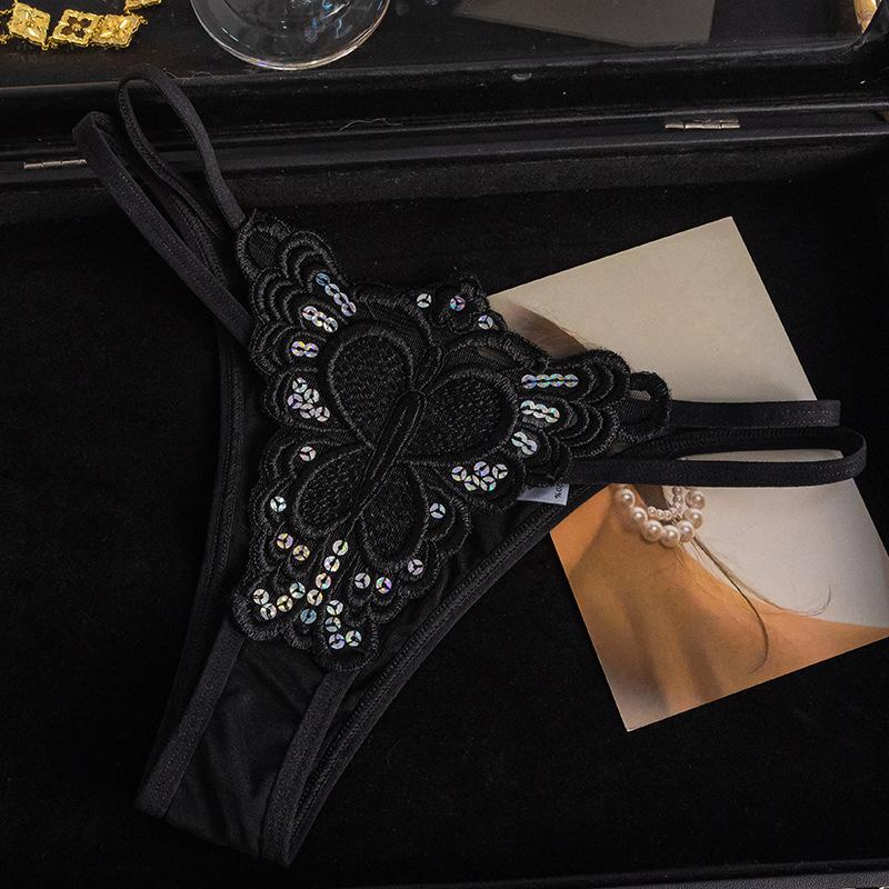 Ladies Spring and Summer New Sexy Lace Low Waist Sequins Transparent High Elastic Cotton Crotch Thong Underwear