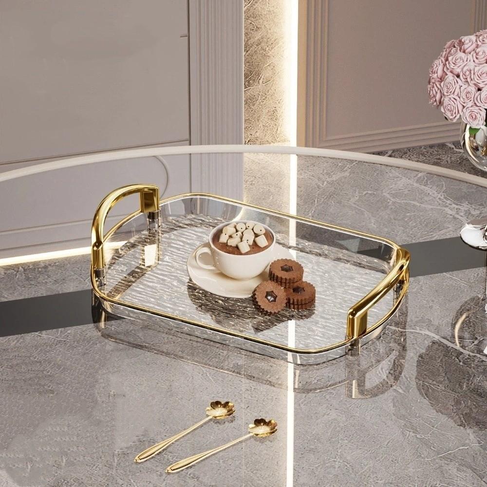 Bandeja Decorativa Rectangular de Lujo Transparente Transparente con Borde Dorado Gran Capacidad Doble Asa Bandeja para Servir Comida y Té