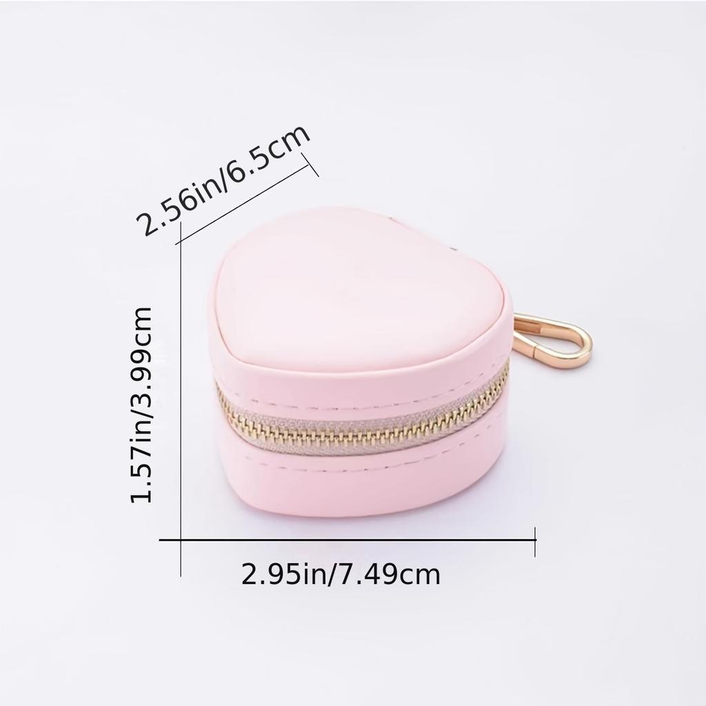 Cute Heart-Shaped PU Jewelry Box with Keychain, Zipper Closure Desktop Organizer Perfect for Earrings, Necklaces and Rings