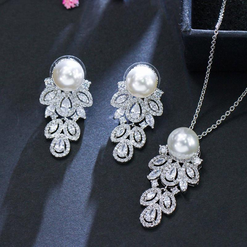 

WWJ Элегантные серебряные серьги и ожерелья в форме листа циркония с цирконием серебряный