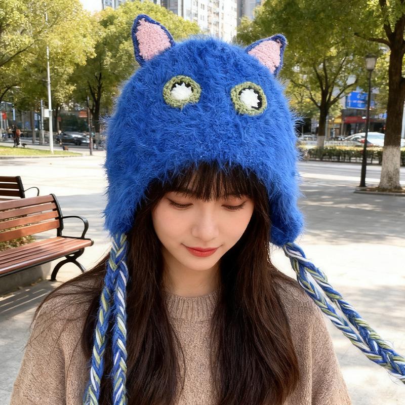 New Women'S Red Blue Plush Hat Winter Warm Cute Cartoon Knitted Earflap Beanie With Braided Tassels For Ladies Hats Casual