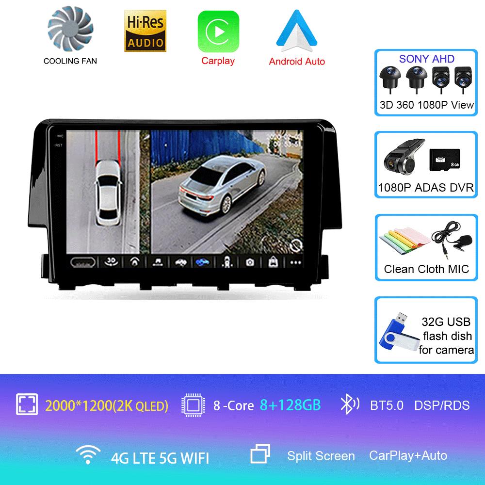 Android 14 Car Radio Carplay Auto For Honda Civic 2016 2017 2018 - 2021 GPS Multimedia WIFI+4G Head Unit BT Player Stereo Video