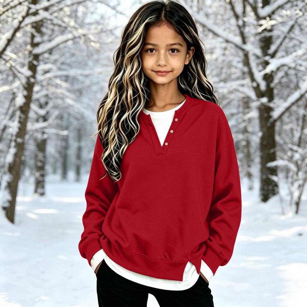 Big Girls V-Neck Pullover Top Casual Loose Fit Two-Piece Printed Blouse for School and Daily Wear