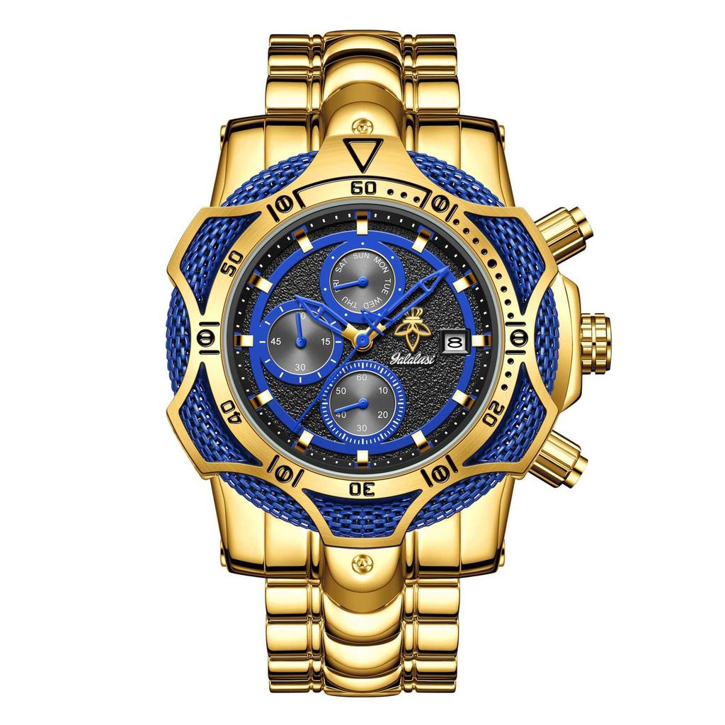 Luxury Gold Men's Quartz Watch Big Dial Chronograph Date Wristwatch Waterproof Business Casual Timepiece for Men