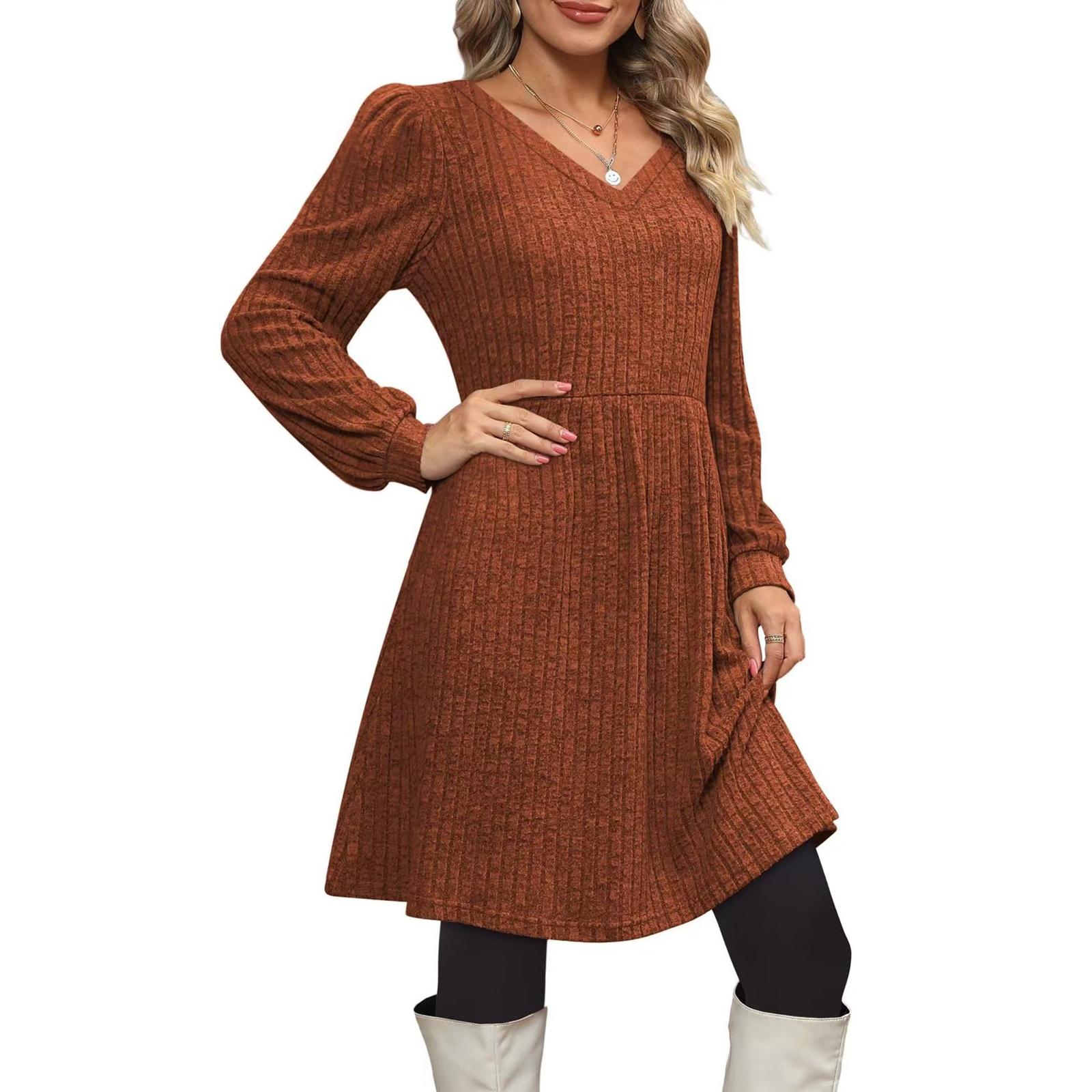 

Women s Fashion Casual V-Neck Pocket Knitted Sweater Long Sleeve Solid Color Dress L