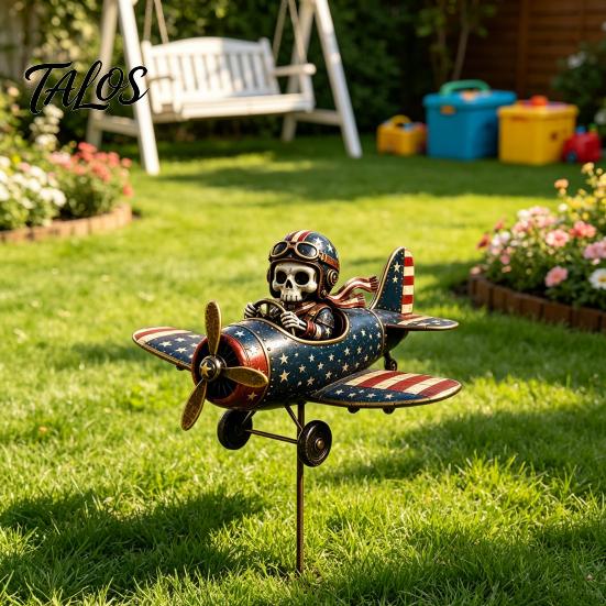 Holiday Landscape Statue Metal Skeleton Pilot Airplane Wind Spinner with Ground Stake, Vintage American Flag Garden Retro Lawn Ornament Yard