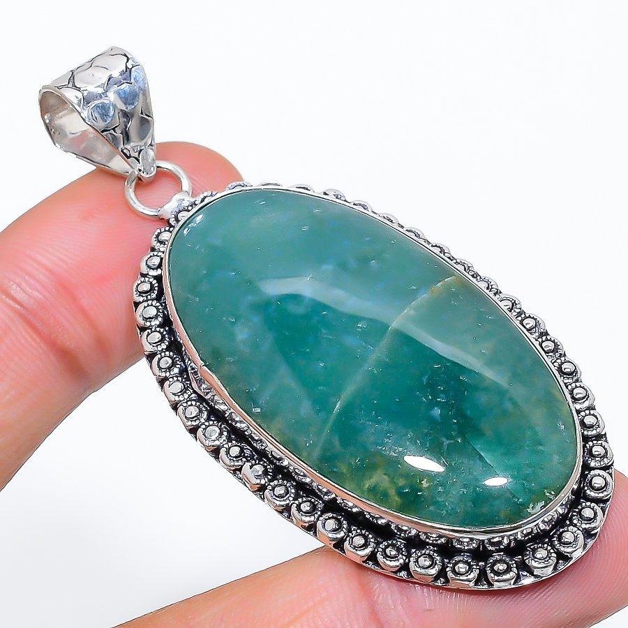 Indian Moss Agate Gemstone 925 Sterling Silver Jewelry Pendant 2.56" SU-10769