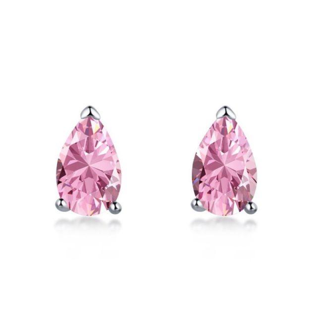925 Sterling Silver Pink CZ Cubic Zirconia Pear Shaped Stud Pierced Earrings for Women