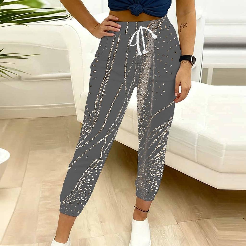 Summer Ladies Geometric Pattern Print Sweatpants Loose Fit Drawstring Joggers Elastic Cuff Daily Casual Pants