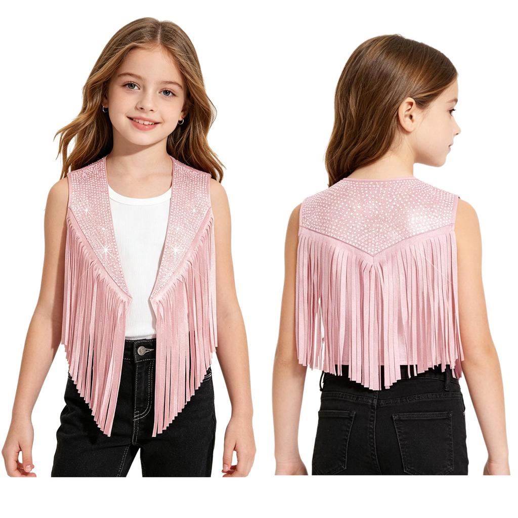 Children‘s Cowboy Fringed Vest Sparkling Rhinestones Sleeveless Open Front Waistcoat for Stage Performance Rodeo Party