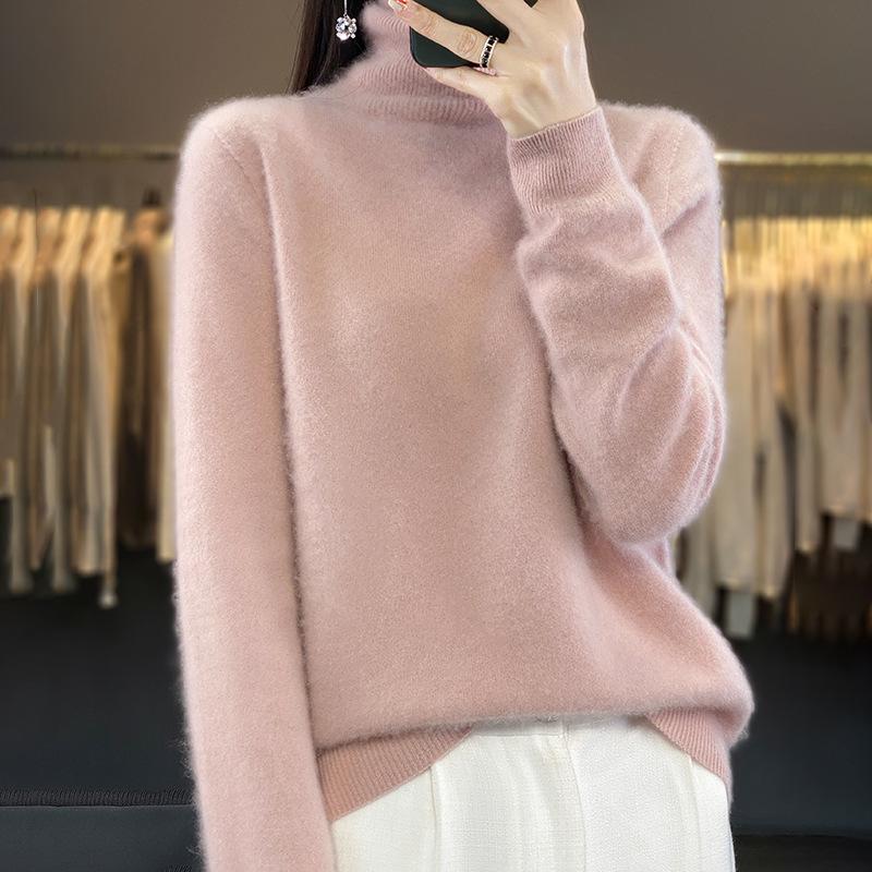 Women's Pure Wool High Neck Loose Pullover Sweater - Solid Color, Slimming, Long Sleeve - Autumn/Winter Collection