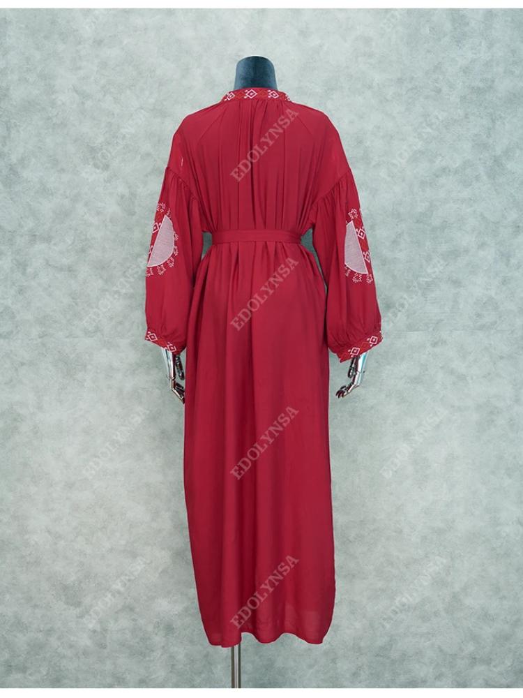 EDOLYNSA Rød bohemsk brodert front åpen Langermet strandkjole LongTunic Dame Plus Size Beachwear Badedrakt Cover Up Q1010