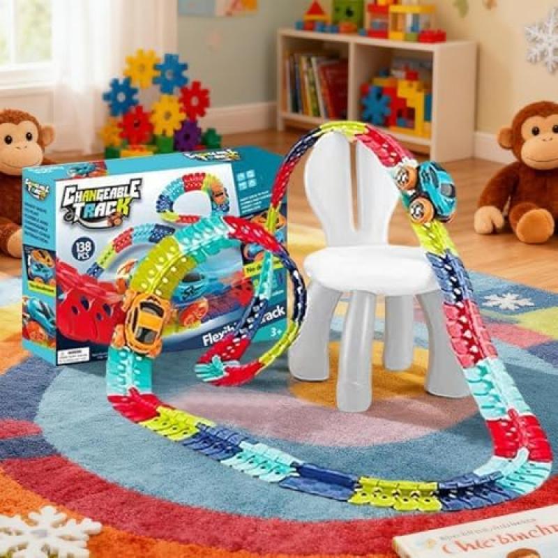 Mimoqk Interactive Race Track Set with LED Lighting Remote Control Toy Cars for Kids Boys Girls Living Room Bedroom Family Activity Party Gift