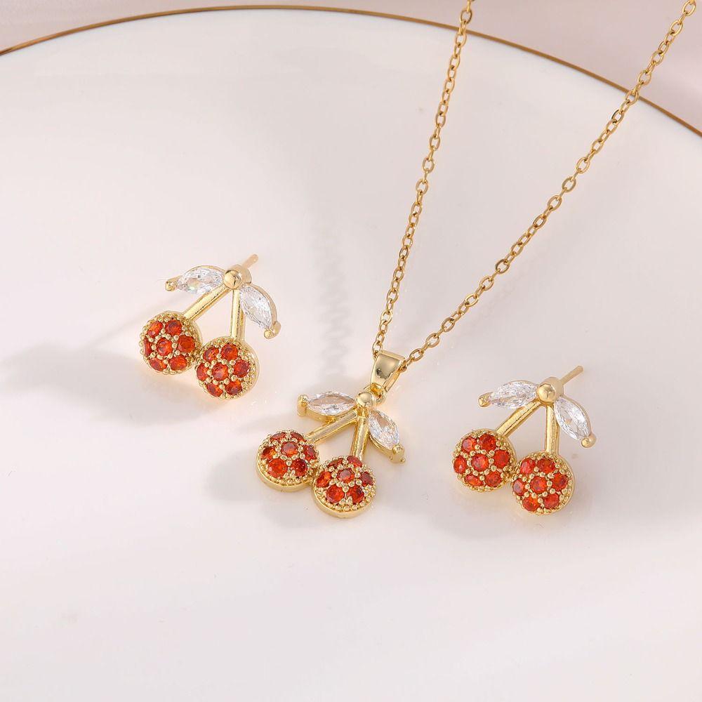 Crystal Necklace Earring Set Exquisite Cherry Necklace Set Rhinestone Cherry Jewelry Suit  Women