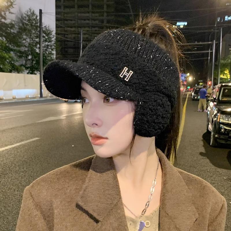 Hat Women's Winter Riding Knitted Ear Protection Cap Fashion Versatile Fleece Warm Empty Top Ear Muffs Wool Hat Tide