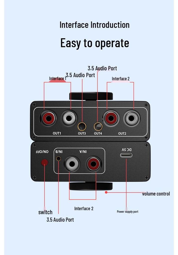 3.5mm RCA Audio Amplifier & AV Switcher for Headphones, Phones, Computers, Speakers