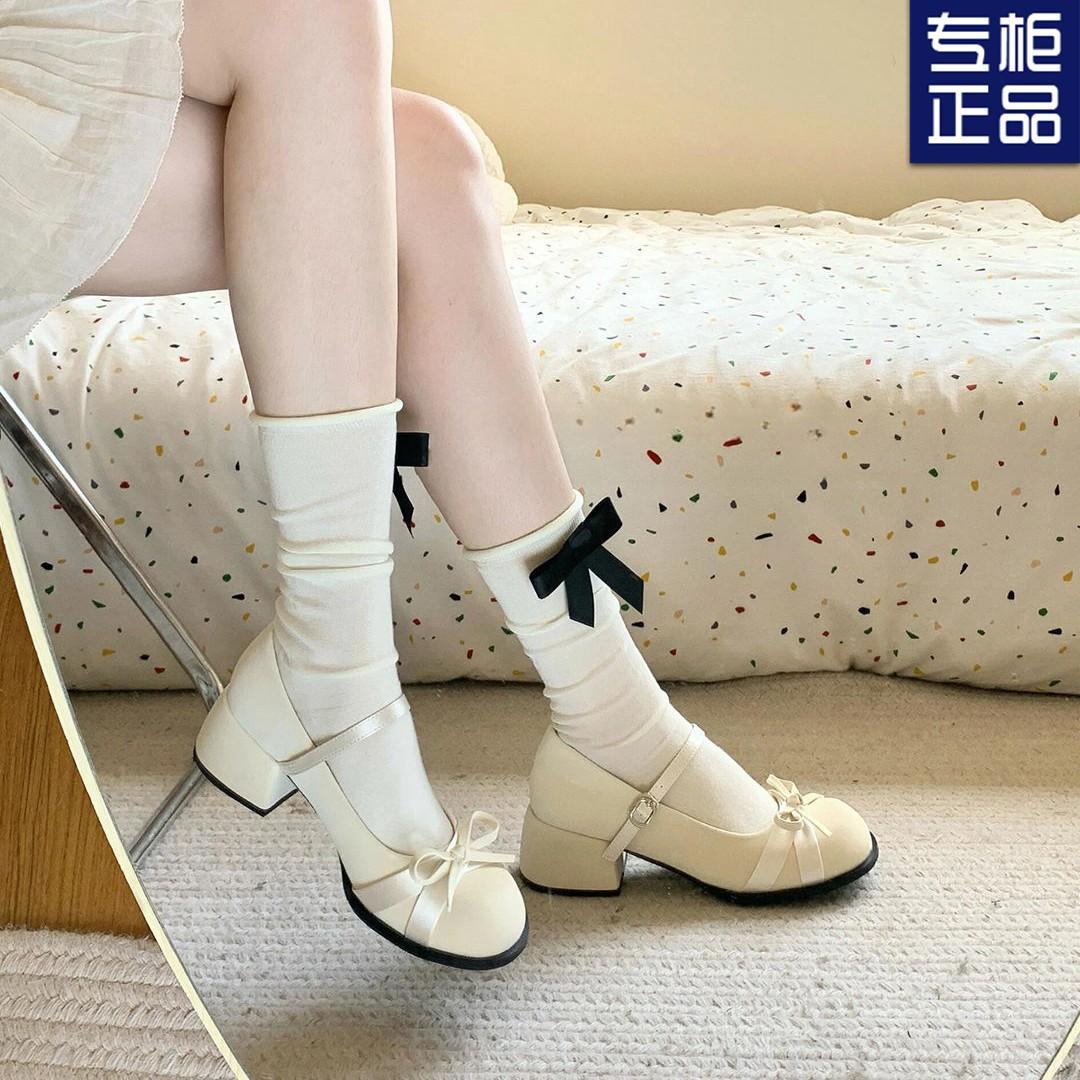 

White Mary Jane women s shoes spring and summer new versatile bow light mouth single shoes satin small leather shoes 35 бежевий