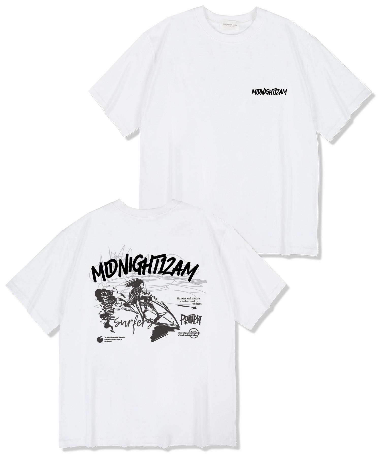 Midnight 12 Am Surfing Sketch Oversized Short Sleeve T-Shirt White L