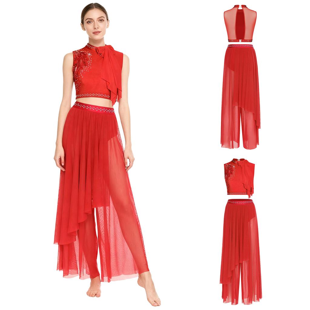 Dam Lyrisk Dansdräkt Paljettbroderi Rosettdekor Ärmlös Ryggurring Kort Topp Inbyggda Trosor Vida Ben Byxor