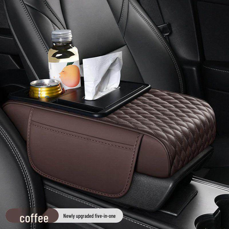 5-in-1 Leather Car Armrest Cushion with Storage & Tissue Holder