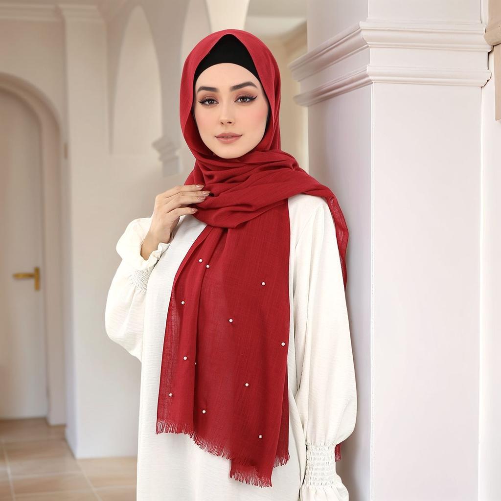 Soild Remove Edge Cotton Bamboo Scarf With Pearls Muslim Hijab Long Shawl Elegant Pearl Headscarf Soft Comfortable Cotton Shawl