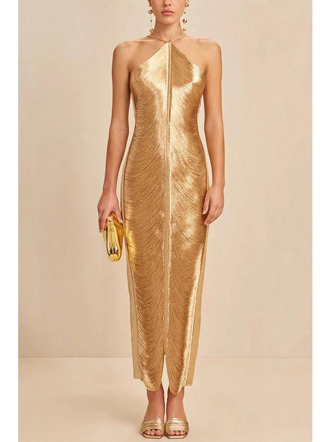 

2026 New Style Women s Tassel Halter Maxi Dress Small золотий