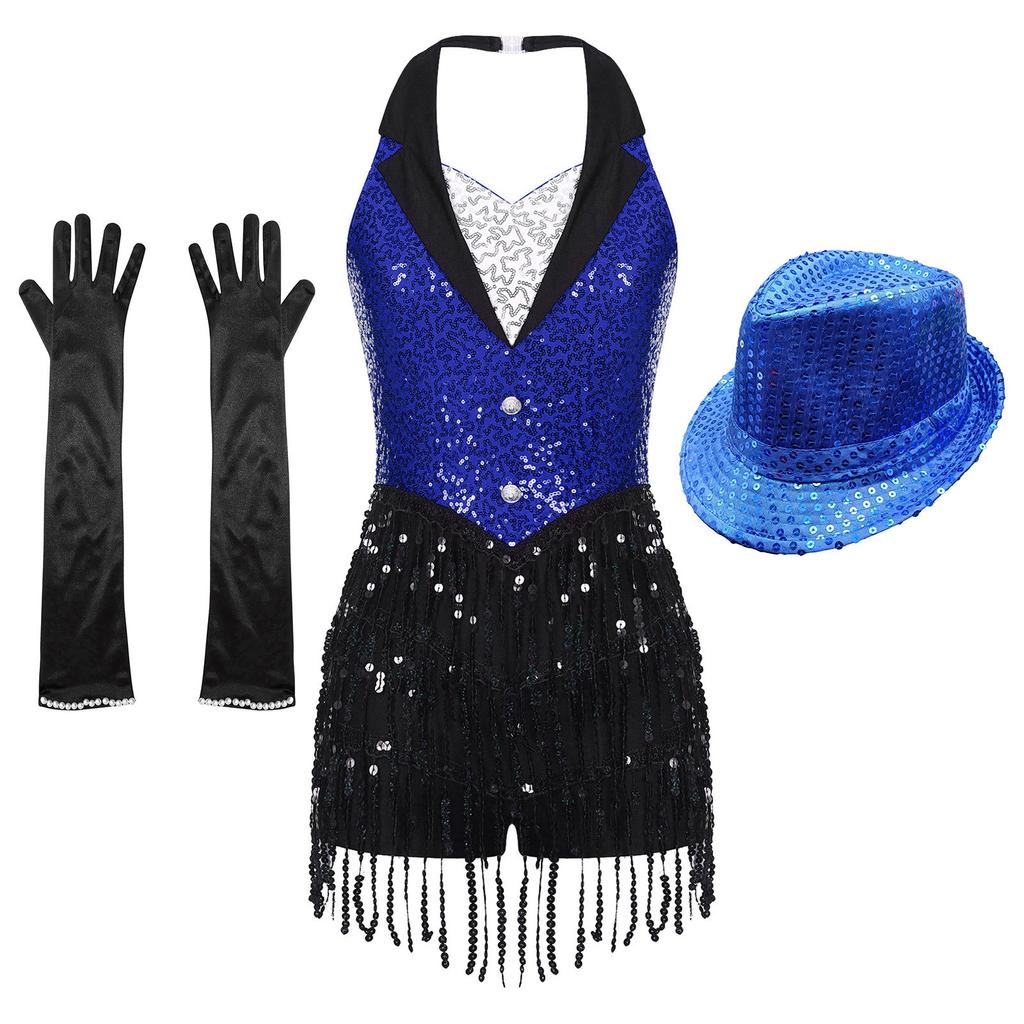 Womens Jazz Dance Outfit Halter Neck Backless Design Sparkly Sequins Fringe Jumpsuit Tassel Leotard