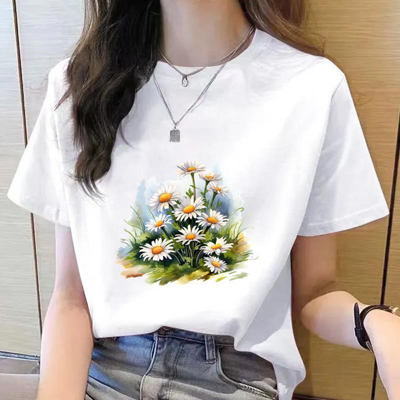 Korean Style Women's Floral Printed Short Sleeve T-Shirt, Round Neck, Casual Fashion for Youth